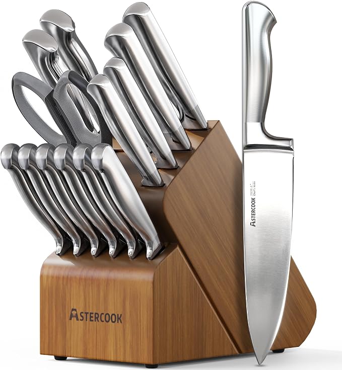 Astercook Knife Set, 15 Piece German Steel Kitchen Knife Set with Built-in Sharpener, One-Piece Knife Block Set Rust-Resistant Dishwasher Safe Block Knives Set for Cooking & Gift (Walnut Brown) | Wooden Block with Built-in Sharpener, One-Piece Design, ...