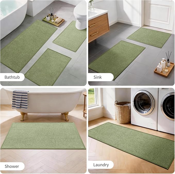 YIHOUSE Long Large Bathroom Rugs Sets 2 Piece, Quick Dry Thin Bath Mat, Non Slip Absorbent Machine Washable, Bath Runner Rug for Tub Sink Home Decor (24"x36" + 24"x59",Green)