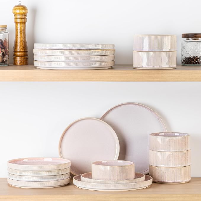 TheTerra Ceramic Dinnerware Sets for 4, 12 Pieces Porcelain Lightweight Plates and Bowls Sets, Scratch Resistant Dish Set, Oven & Microwave & Dishwasher Safe, Primrose Pink