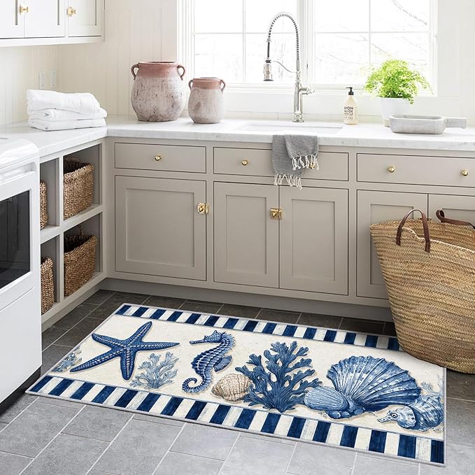 2.6x10 Marine Life Runner Rug for Hallway, Washable Seahorse Coral Reef Rug Runner Non Slip, Blue Seashell Home Decor Carpet for Kitchen, Bedroom, Entryway, Laundry Room, Ultra Thin Soft H226