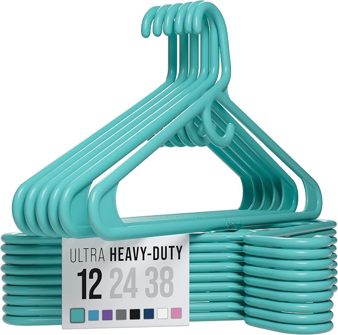 NEATERIZE Thick Heavy Duty Hangers - Aqua Plastic Clothes Hangers 12 Pack - Great for Coat Hanger, Jackets Jeans & Suit Hanger for Closet - New Apartment Essentials Percheros Ganchos para Colgar Ropa