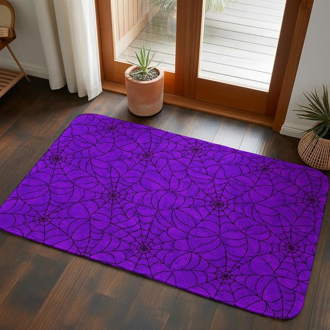 Entryway Rug Indoor Outdoor 31.5"x47.2", Purple Halloween Absorbent Non Slip Floor Mat, Black Spiders Net Classic Gingham Low-Profile Welcome Mats for Front Door Patio Mudroom Garage Entrance