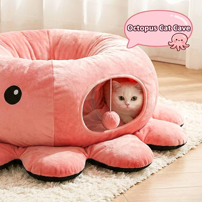 Cat Tunnel Bed with 20 Cat Toys, Collapsible Play Tunnel for Indoor Cats, Kitten Toys for Indoor Kittens, Octopus Shaped