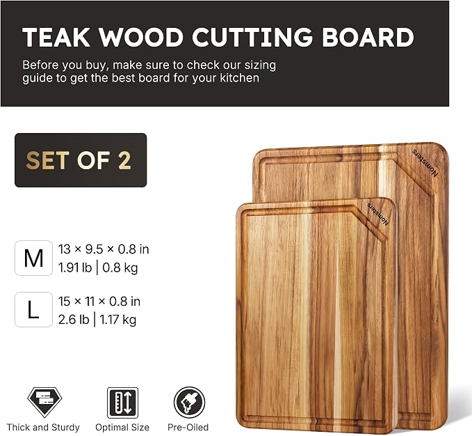 2 Pack Teak Wood Cutting Board Set Non Slip Over Sink Charcuterie Board Serving Heavy Duty Non Toxic Wooden Chopping Board Thick Haus Easy-Grip Handles, Knife-Friendly Best Kitchen Essential Gift