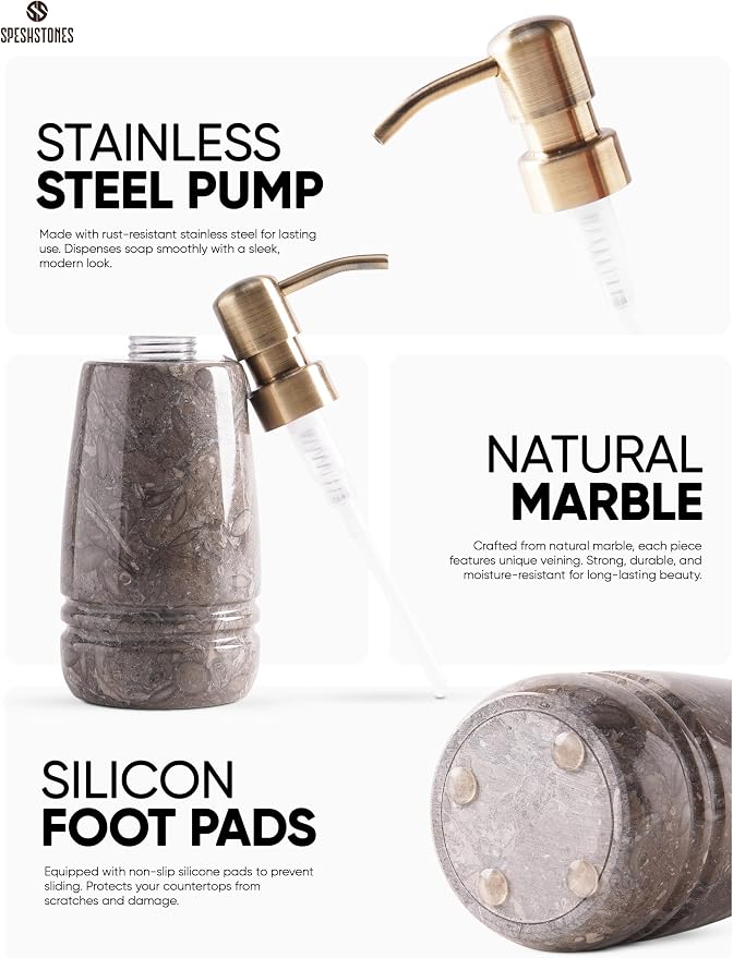 Marble Soap Dispenser 7.5'' Dish Soap Dispenser with Stainless Steel Pump, Refillable Liquid Hand Soap Dispenser with 8.5 Oz Capacity for Kitchen Sink and Bathroom Countertop