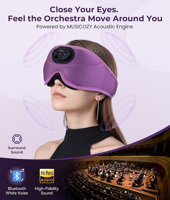 MUSICOZY 3D Bluetooth Sleep Mask with Headphones and Timer, Wireless Sleep Headphones for Side Sleepers, Eye Mask with Bluetooth Headphone, Unique Gifts for Men Women, Purple