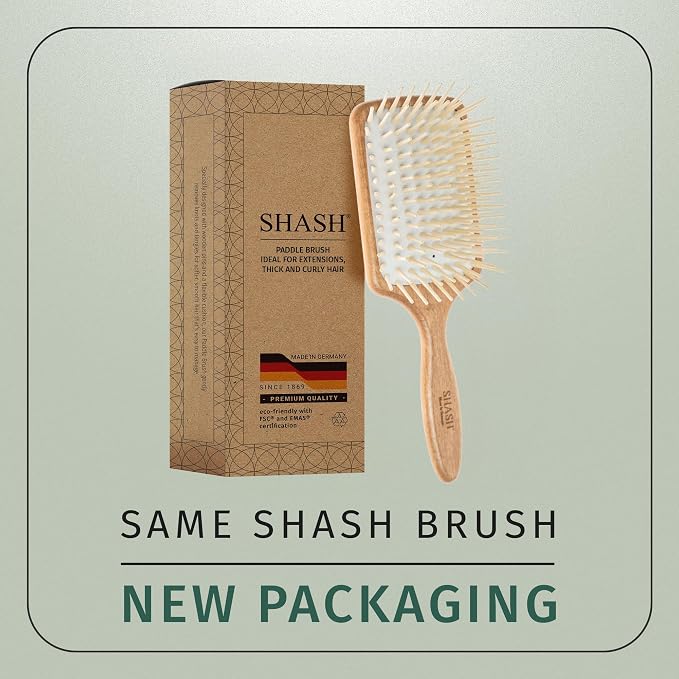 Made in Germany - SHASH Large Paddle Hair Brush, Thick And Curly Hair - Detangler With Long Pins & Rubber Cushion - Helps Detangle Knots, Eliminate Frizz, Reduce Pulling & Snagging