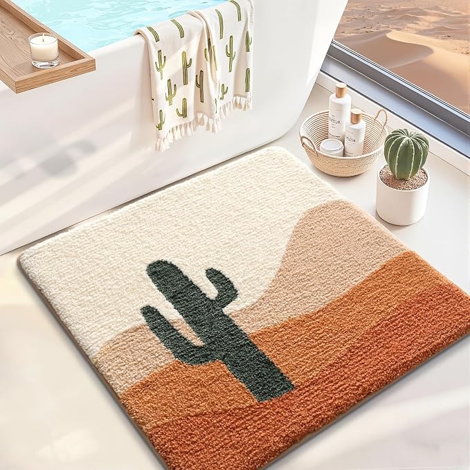LUMI Bathroom Rugs with Cactus Plant, Square Bathroom Mat, Ultra Soft, Absorbent Quick Dry, Non-Slip Washable Shower Rugs, Luxury Carpet for Shower Floor, Bathtub, Home Decor, 32"x32"