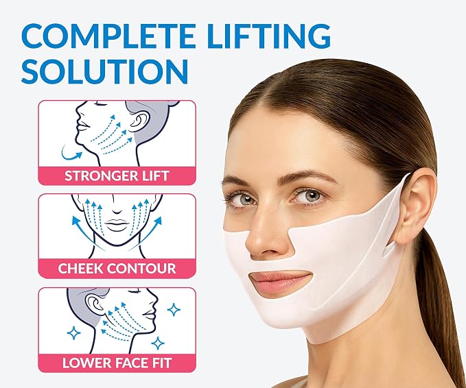 Stylia MaxiLift V-Line Lifting Collagen Face Mask - Double Chin Strap - Jawline Shaper - Neck Firming and Tightening Mask with Hyaluronic Acid & Aloe Vera - Chin Strap for Sleeping (5PC)