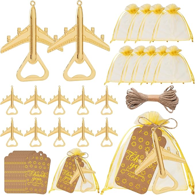50 Pack Airplane Bottle Opener Favors, Metal Airplane Bottle Openers with Thank You Tags & Organza Bags, Travel Themed Party Favors, Destination Wedding Favors, Let the Adventure Begin Theme