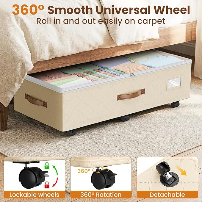 80L 2 Pack Adjustable Under Bed Storage with Wheels, Beige | Underbed containers with clear lids, rolling underbed shoe storage organizer for dorm clothes, blankets, easy to install