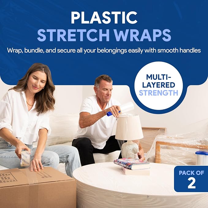 International Plastics Co. 2 Pack of 5" Plastic Stretch Film Wrap with Rotating Handles 1000 feet Each 500% Stretch Ability