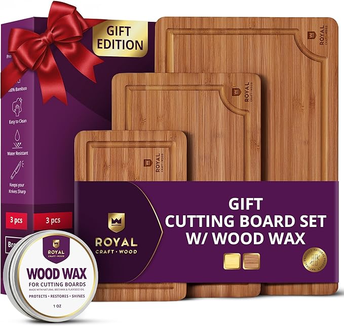 ROYAL CRAFT WOOD Wooden Cutting Boards for Kitchen Meal Prep & Serving - Bamboo Wood Serving Board Set with Deep Juice Groove Side Handles - Charcuterie & Chopping Butcher Block for Meat