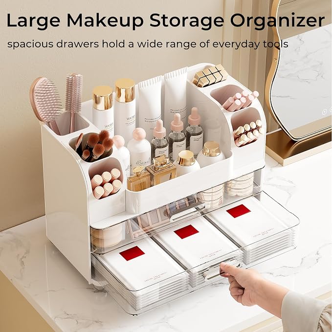 UFORU Makeup Organizer for Vanity with 2 Large Drawers, Cosmetic Display Case with Brush Holders, Easy to Storage for Bathroom Countertop Skincare, Perfume, White