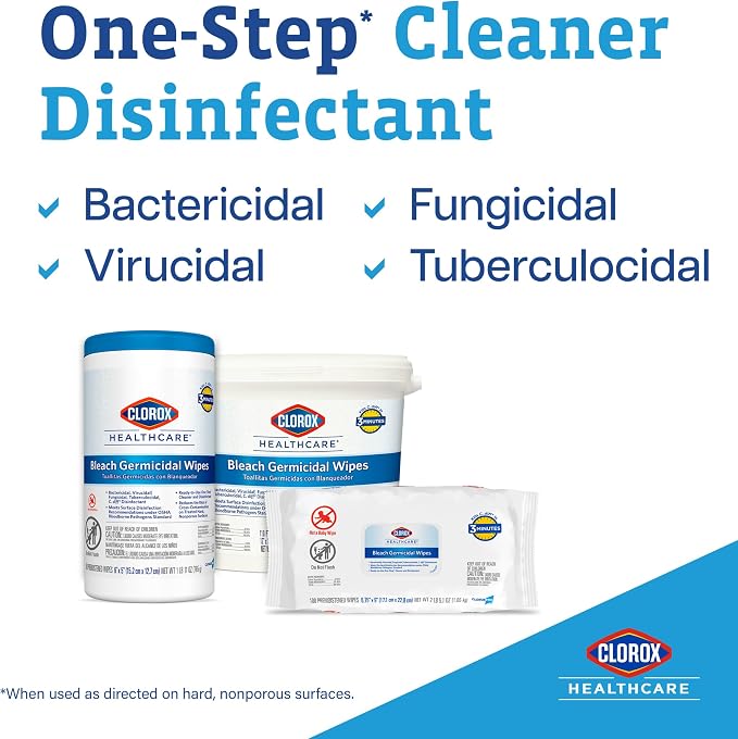Clorox Healthcare Bleach Germicidal Wipes, 6" x 5", 150 Count Canister, Pack of 6 (Package May Vary)