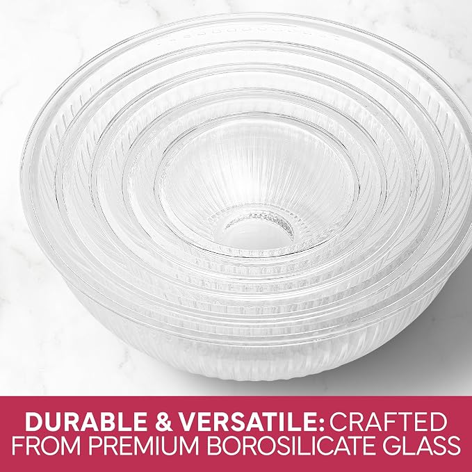 COOK WITH COLOR 12 Pc Glass Mixing Bowl Set with Lids – Borosilicate Glass Nesting Bowls for Cooking, Baking and Meal Prep, Fluted Rose
