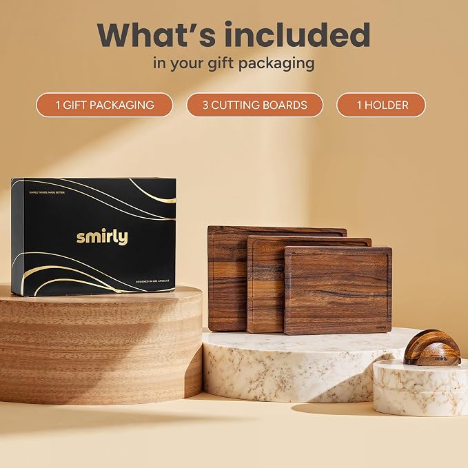 SMIRLY Cutting Boards for Kitchen, 3 Piece Walnut Cutting Board with Stand | Non Toxic Walnut Wood Cutting Board with Juice Grooves and Handles, Multiple Sizes Wooden Chopping Board for Meal Prep