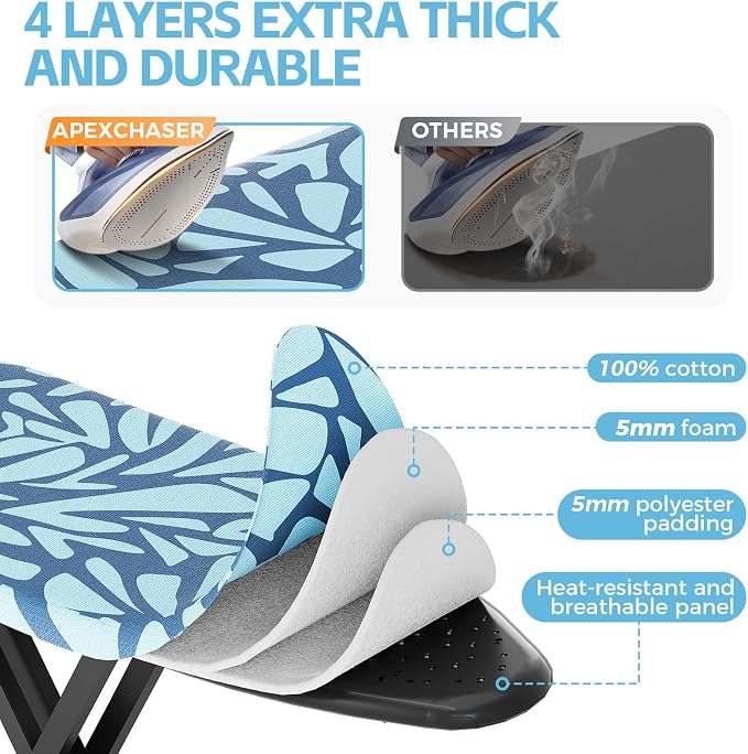 APEXCHASER Ironing Board Full Size, Iron Board and Ironing Board Set Height Adjustable, Foldable Ironing Boards Standard Size, Iron Table Stand with Anti-Skid Legs and Iron Rest, 13" x 43" Blue