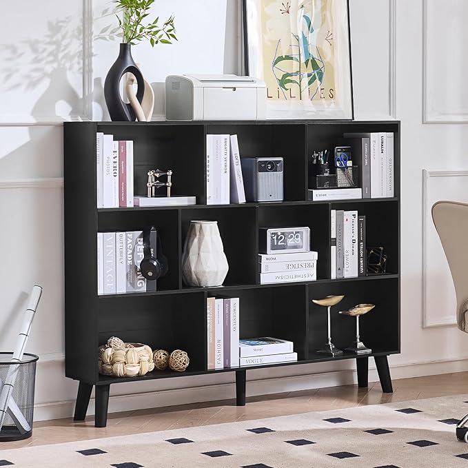 LEYAOYAO 10 Cube Bookshelf, Mid-Century Modern Book Shelf with Legs, Black | 3 Tier Bookcase, 55" Wide Rustic Wood Bookshelves Large Storage Organizer, Open Shelves for Bedroom, Living Room, Office