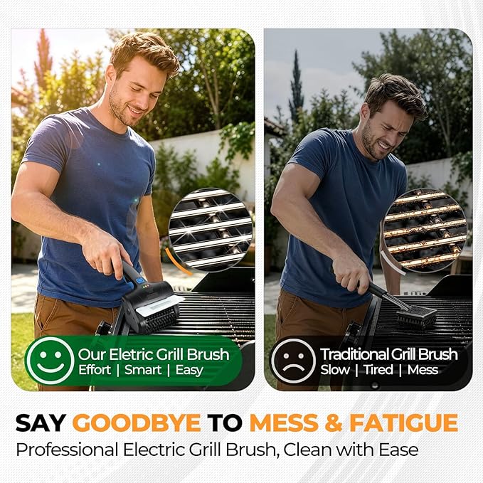 Auto Dynasty Cordless Electric Grill Brush, 304 Stainless Steel BBQ Brush with Rotating Scrub Head, Rechargeable, Type-C Fast Charging for Gas/Charcoal/Outdoor Grill, Blue/Black