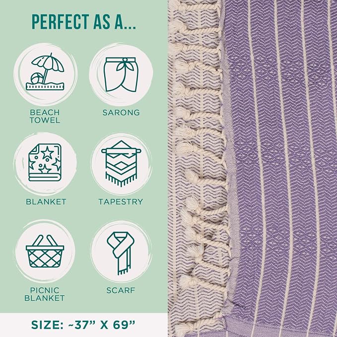 Sand Cloud Turkish Beach Towel - Sand Resistant & Quick Dry Towel | 100% Certified Organic Turkish Towel - Bath Towel or Beach Blanket for Picnic - As Seen on Shark Tank - Gocek (Lavender)