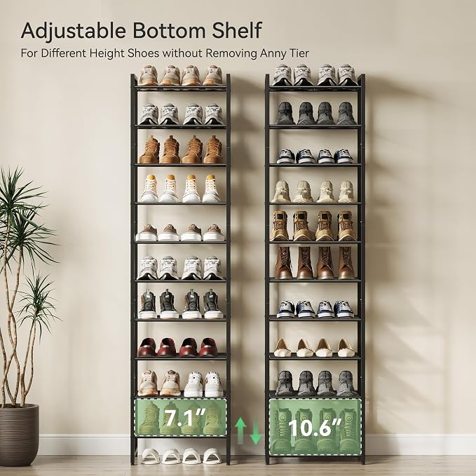Nunsino Narrow Shoe Rack, 10-Tier Metal Shoe Organizer,Tall Shoe Shelf with Anti-Tip Strap, Max Holds 22 Pairs,Space Saving for Closet,Entryway,Black