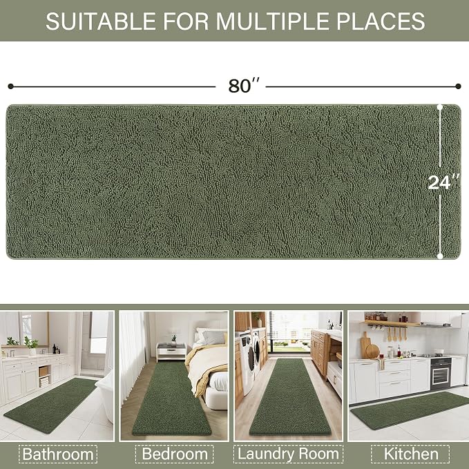 LOCHAS Luxury Bathroom Rug Shaggy Bath Mat 24 x 80 Inch, Olive Green | Washable Non Slip Bath Rugs for Bathroom Shower, Soft Plush Chenille Absorbent Carpets