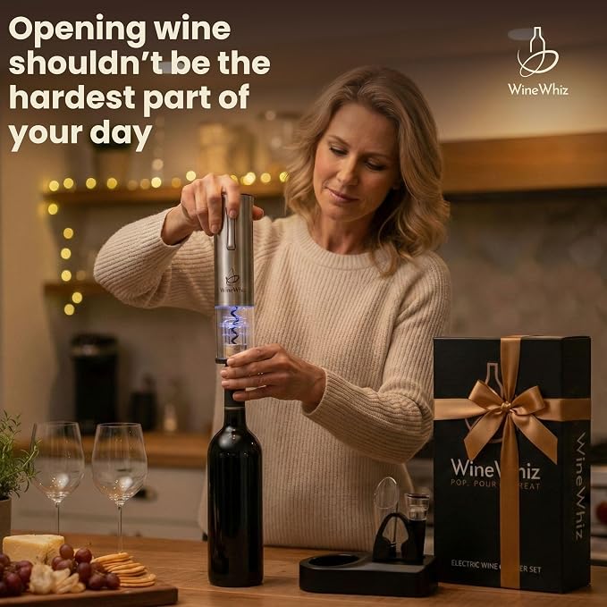Electric Wine Opener Set with Base and Accessories (Rechargeable Stainless Steel Corkscrew, Dispenser, Foil Cutter Tool, Stopper) | Lovers Gift for Housewarming, Birthday, Registry