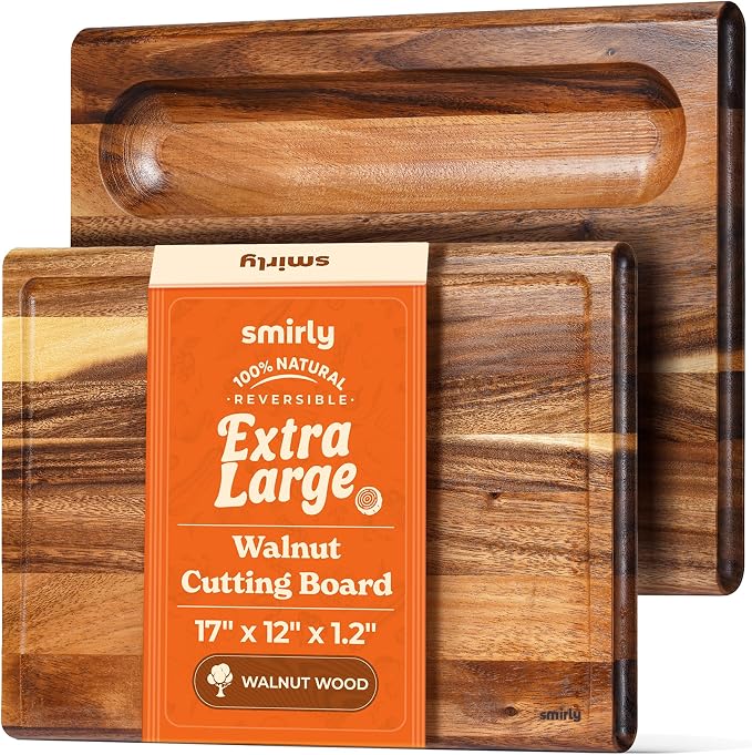 Smirly Reversible 17" Large Walnut Cutting Board for Kitchen - 1.2"Th Heavy Duty Real Wood Cutting Board with Deep Juice Groove - Reversible Wooden Cutting Board for Multiple Uses - Only 1 Piece