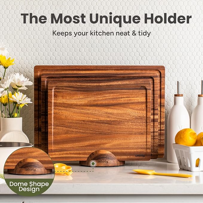 SMIRLY Cutting Boards for Kitchen, 3 Piece Walnut Cutting Board with Stand | Non Toxic Walnut Wood Cutting Board with Juice Grooves and Handles, Multiple Sizes Wooden Chopping Board for Meal Prep