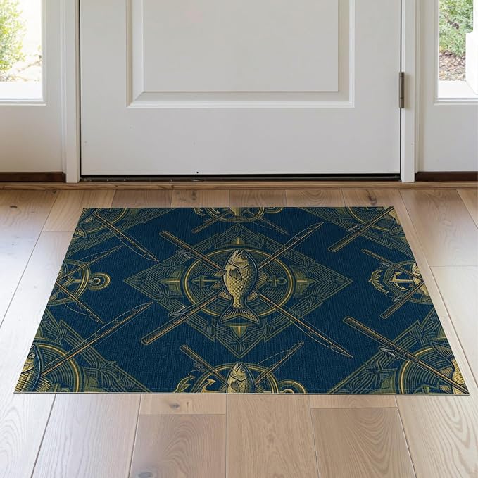 2'x3' Washable Area Rug Bass Nautical Wildlife Icons Lure Tackle Motif Border Fish Fishing Refined for Entryway, Kitchen, Laundry Room, Stain Resistant Thin Throw