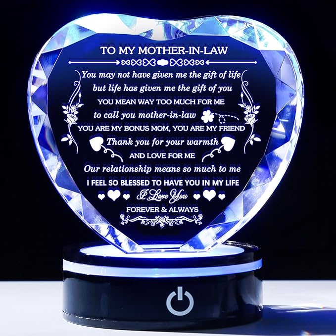 Gifts for Mother in Law with Colorful LED Base Unique Crystal Heart to My Mother in Law Mothers Day Christmas Birthday Gift Best Bonus Mom Gifts from Daughter/Son in Law