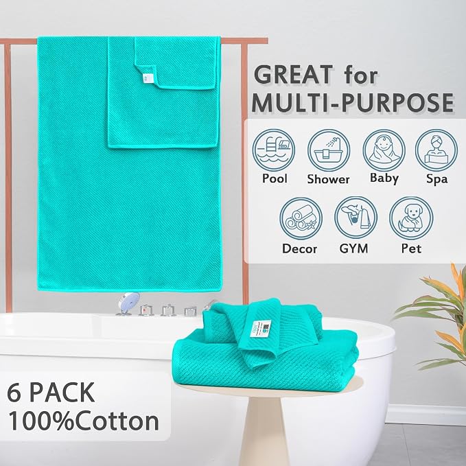 VOOVA & MOVAS 6PC Towel Set, 100% Cotton, Turquoise | 2 Large Bath 30x56 In, 2 Thick Hand 18x28 In, 2 Absorb Washcloths 13x13 In, Quick Dry, Thick, Luxury Gift Set