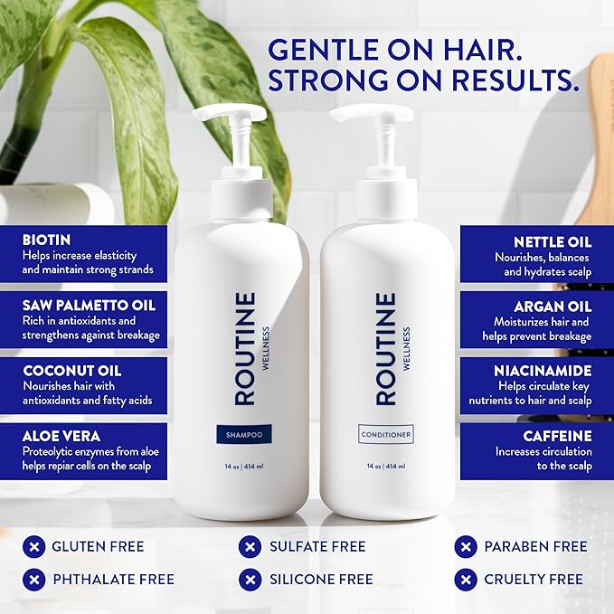 Routine Wellness Anti-Thinning Shampoo and Conditioner Set for Thinning Hair - Biotin DHT Blocker Women & Men - Color Safe Shampoo for Hair Loss & Healthier Hair - Coconut & Vanilla Set