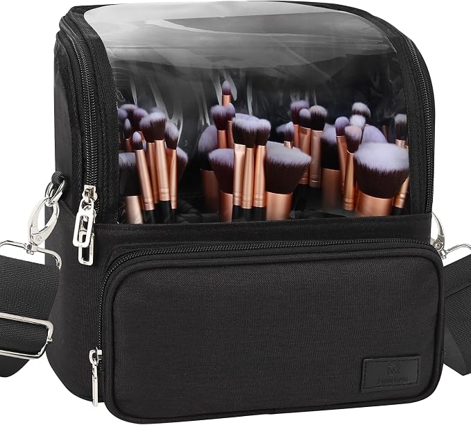 TANTO Makeup Brush Bag, Makeup Brush Holder Travel Extra Large Make up Brush Organizer Case Stand-up Makeup Cup Foldable Pro Cosmetic Artist Storage Bags with Adjustable Divide (01A-Black,X Large)