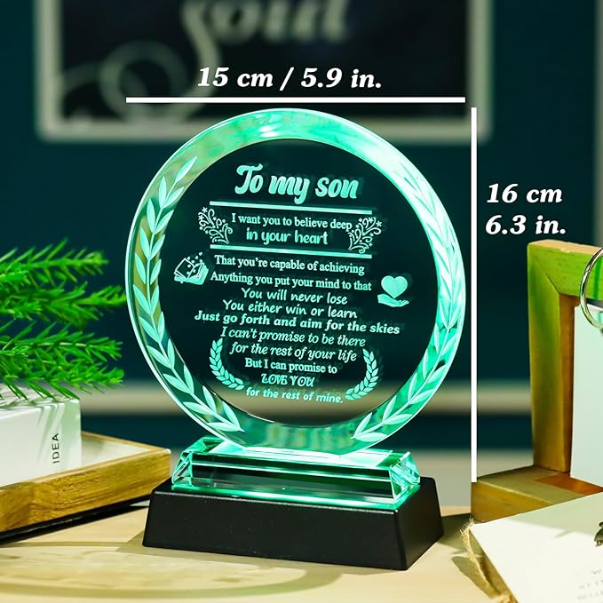 Arikyrist Fathers Day Son Gifts from Mom Dad Crystal Plaque to My Son with LED Light Base Unique Birthday Graduation Gifts for Son Adult