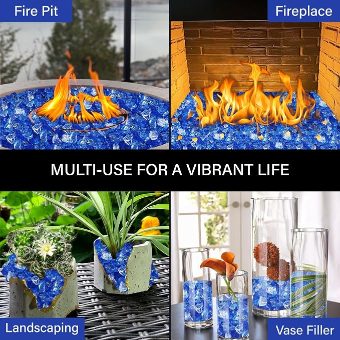 NUPICK 20 Pound Fire Glass, 1/2 Inch Reflective Fire Pit Glass | Tempered Fire Pit Rocks for Propane or Natural Gas, Glass Rocks for Fire Pit Table, Fireplace, Fire Bowl, Blue and White Mix