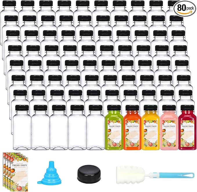TOMNK 80pcs 8oz Plastic Juice Bottles with Caps Empty Reusable Clear Bottles with Label, Funnel and Brush Beverage Containers Bulk with Lids for Juicing, Smoothies, Fridge