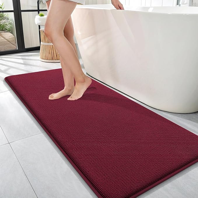 OLANLY Memory Foam Bathroom Runner Rugs 47x17, Absorbent Long Mat, Burgundy | Soft Quick Dry Bath Mat Rugs, Non-Slip, Machine Washable Mat for Bathroom Floor, Tub and Shower, Home Decor Accessories