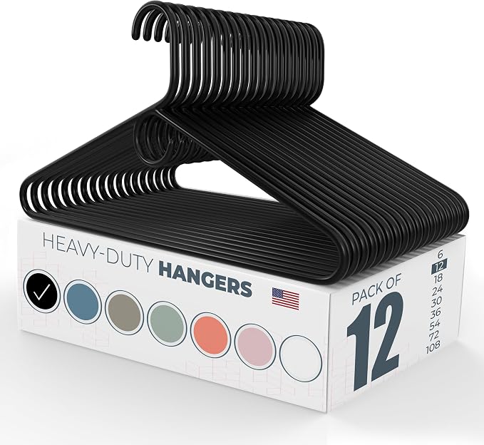 Heavy Duty Clothes Hangers 12 Pack – Made in The USA – 8lb Capacity Plastic Hangers for Adult Clothing – Durable for Pants, Coats, Jackets, or Jeans – Black
