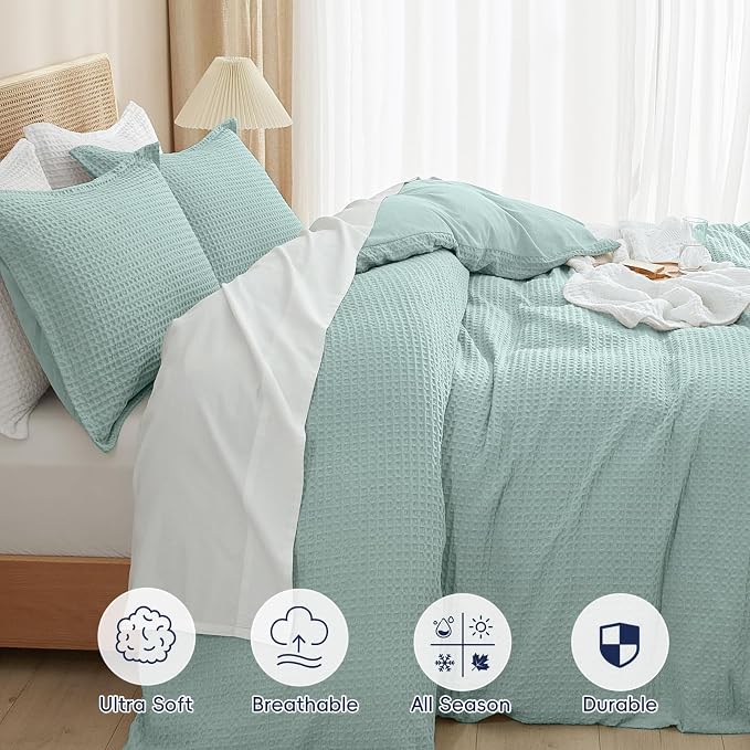 PHF Waffle Weave Duvet Cover Set Queen Size, No Snagging Ultra Soft Luxury Textured Breathable Comforter Cover for All Season 3pcs, Durable Bedding Duvet Set with 2 Pillow Shams, 90"x90",Aqua