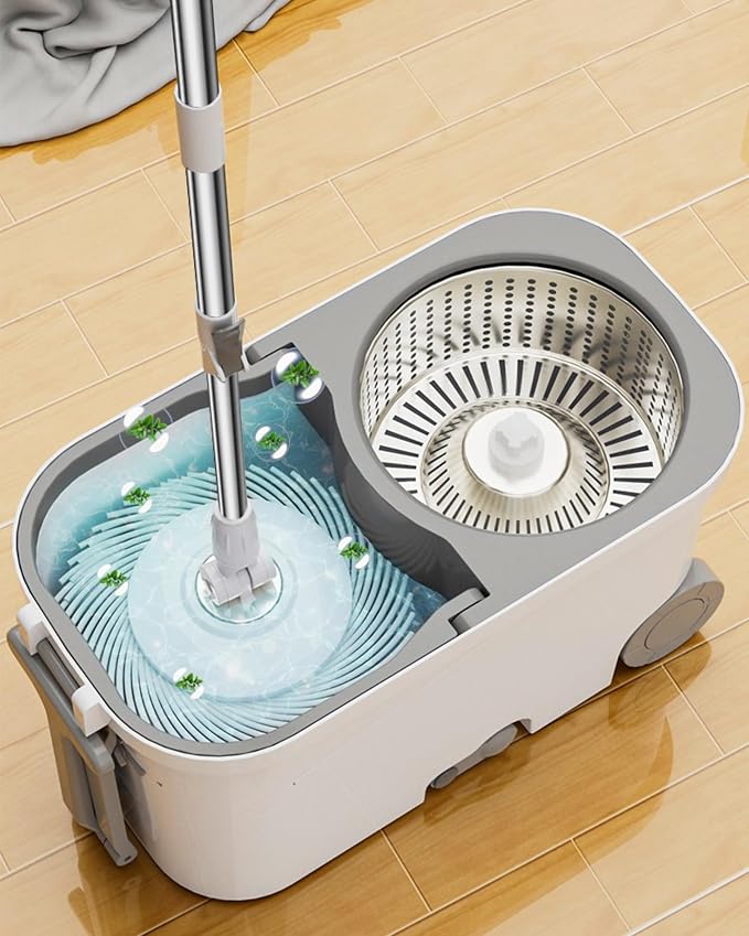 20L Spin Mop and Bucket System with Wringer, 3 Microfiber Mop Heads and 1 Heavy-Duty Scrub Brush, Stainless Steel Handle, Rolling Bucket with Drain Plug for Hardwood, Tile and Laminate Floors