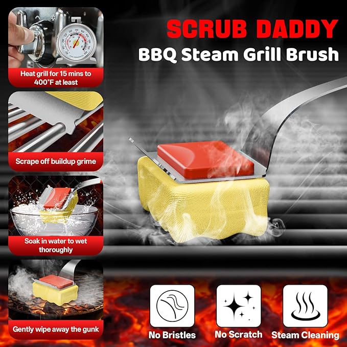 Grill Brush Bristle Free, Safe Grill Cleaner Brush for Outdoor Grill, Steam Grill Cleaning Brush with Scraper for Cast Iron/Stainless-Steel Grates (Bonus BBQ Scrub Daddy Replaceable Head)