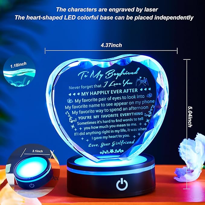 Gifts for Boyfriend with Colorful LED Base Unique Birthday Gift Ideas from Girlfriend Romantic Heart Crystal Keepsakes to My Anniversary Christmas Valentine Day