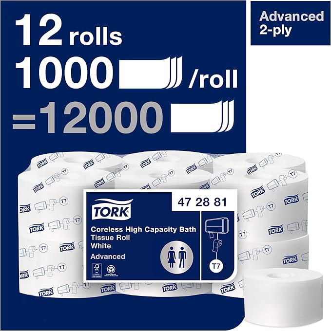 Tork Coreless High-Capacity Toilet Paper Roll White T7, Advanced, 2-Ply, 12 x 1000 sheets, 472881