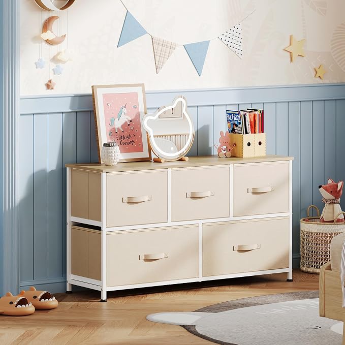 WLIVE Wide Dresser for Bedroom, 5 Drawer Chest of Drawers, Cream White | 5 roomy fabric drawers, Wide storage design, Bedroom or closet use, Sturdy steel frame, Smooth wood tabletop