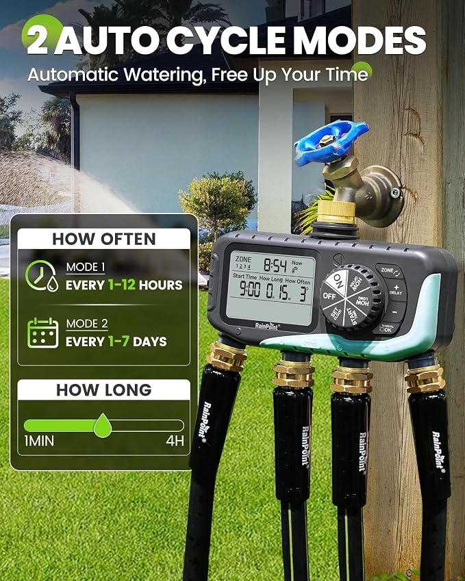 RAINPOINT Sprinkler Timer 4 Zone, Water Timer for Programmable, for Soaker Hose with Rain Delay/Manual/Automatic Watering System, Digital Irrigation for Yard, Lawn