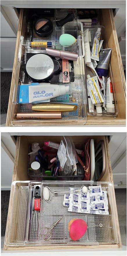 Oubonun Expandable Drawer Organizer 11.1” to 19.2” Width, Shallow Cosmetic Organizer 1.3” Height, 4 Packs, Clear Plastic Storage Trays for Dressing Table,Bathroom