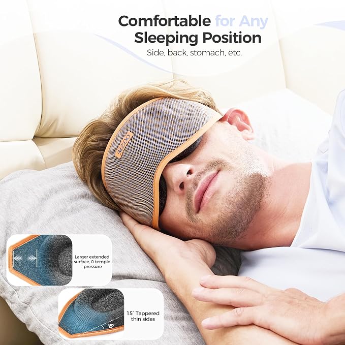 MZOO Pro Breathable Sleep Mask - Complete Blackout Sleeping Eye Mask for Side Sleeper, 3D Long Eyelash Friendly Night Blindfold, Travel Essentials Eye Cover Birthday Gifts for Women Men, Light Orange