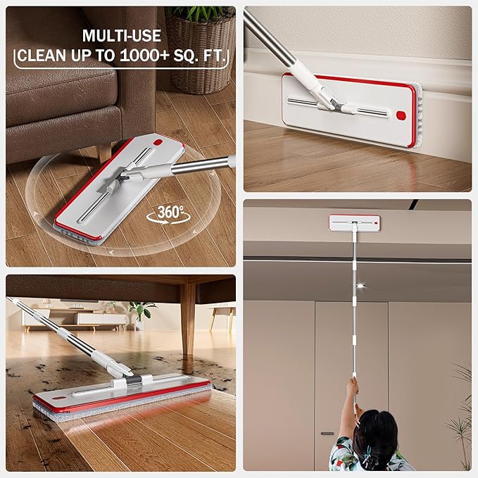 HoMettler Mop and Bucket Set, 3-Tank Flat Mop and Bucket System for Separate Dirty & Clean Water, 65" Mops for Floor Cleaning with 4 Washable Pads, Safe for Hardwood, Vinyl, Tile, Baseboards, Walls